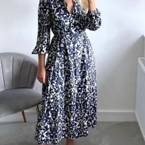 ZARA Elegant Navy and White Patterned Dress